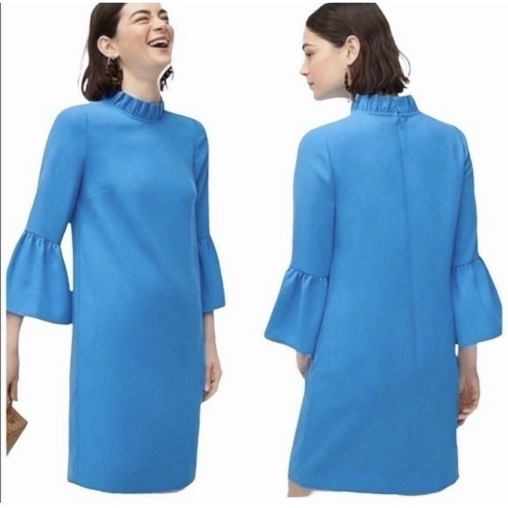 J CREW Ruffle Neck Shift Dress Women 8 Blue 3/4 Bell Sleeve Crepe Lined Business